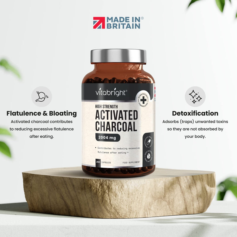 Activated Charcoal Capsules - 250 Capsules - 2004mg per Serving of 6 Capsules - from Natural Coconut Shell - for Indigestion, Bloating, Excessive Flatulence, Gas - Vegan - Made in UK by VitaBright - NewNest Australia