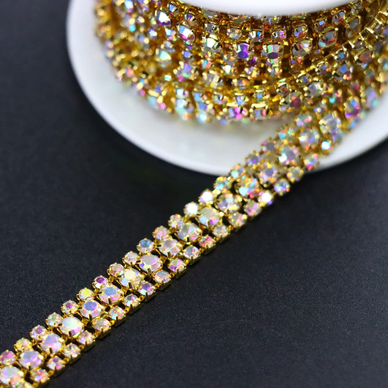 Jerler 3 Rows 2 Yards Rhinestone Trim Close Chain for Crafts Wedding and Clothing Decorations (AB-Gilded) AB-Gilded 3 Rows-2 Yards - NewNest Australia