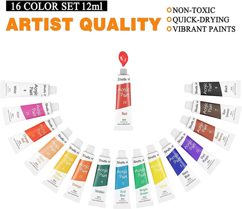 Acrylic Paint Set, Shuttle Art 16 x12ml Tubes Artist Quality Non Toxic Rich Pigments Colors Great for Kids Adults Professional Painting on Canvas Wood Clay Fabric Ceramic Crafts - NewNest Australia
