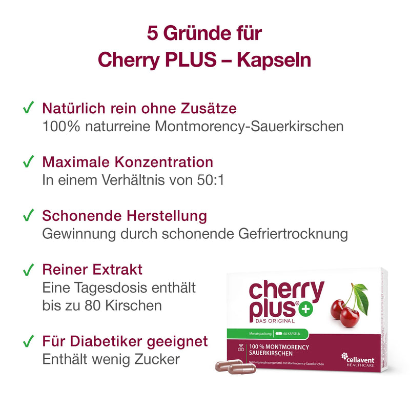Montmorency sour cherry capsules - high dosage (50:1) - Cherry PLUS - 1,200mg sour cherry extract per daily dose - German, pharmaceutical quality - 1 month - 60 pieces 60 pieces (pack of 1) - NewNest Australia
