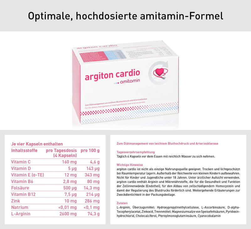 Amitamin Argiton Cardio, German Pharmacy Quality, 120 Capsules, Heart, Blood Pressure, Vessels, With L-Arginine, Vitamins B6,12,C,D,E, Folic Acid, Sodium And Zinc - NewNest Australia