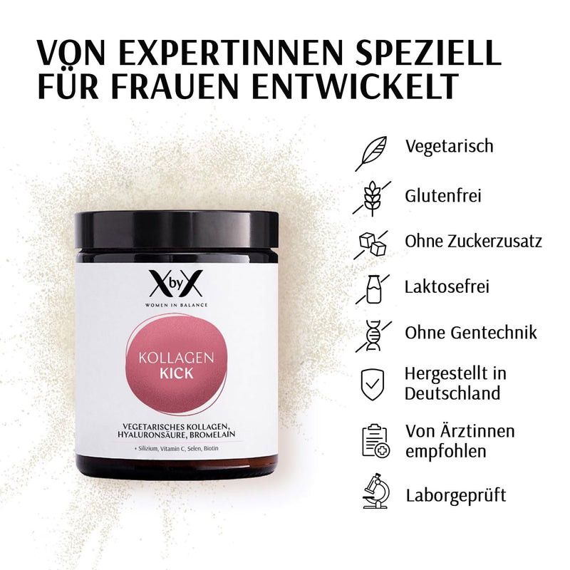 XbyX® Collagen Kick - Vegetarian Premium Collagen Powder - Type 1, 5 and 10 Collagen - Active ingredient complex made of collagen, hyaluronic acid, bromelain, silicon, selenium, biotin - NewNest Australia