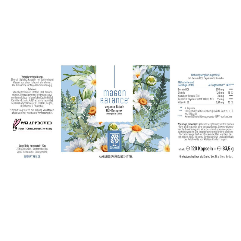 NATURTREU® Stomach Balance Betaine HCL Complex vegan - with pepsin, chamomile & chloride - support of stomach acid and digestion* - high-dose full-spectrum enzyme capsules - NewNest Australia