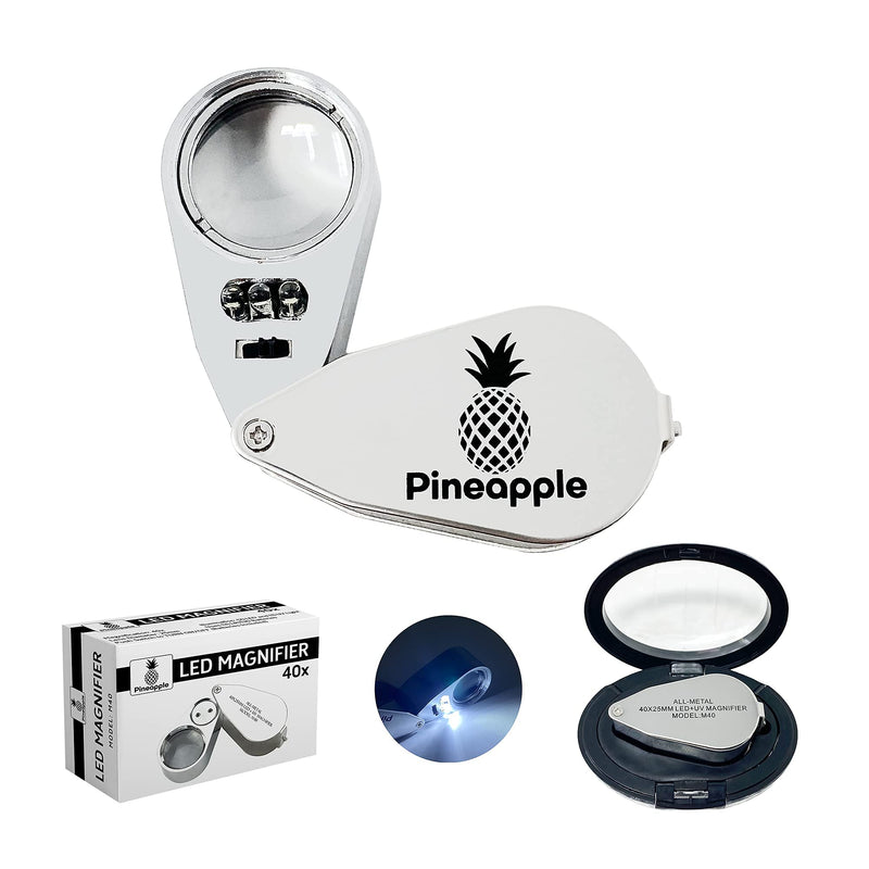 Pineapple LLC 40X Jewelers Loupe Magnifier with Light, Foldable Eye Loop Magnifier, LED UV Illuminated for Trichomes, Coins, Currency, Diamonds, Jewelry, Gems, Plants, Stamps, Silver, Small (M40) - NewNest Australia