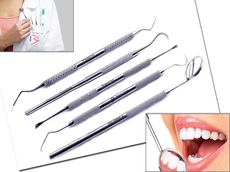 BeautyTrack 5pc Dental Care Kit with Instruction Booklet,Top Class Stainless Steel Plaque and Tartar Remover Set for Teeth Cleaning Contains,Eraser,Scraper,Mirror,Probe,Picks Storage Travel Gift Case - NewNest Australia