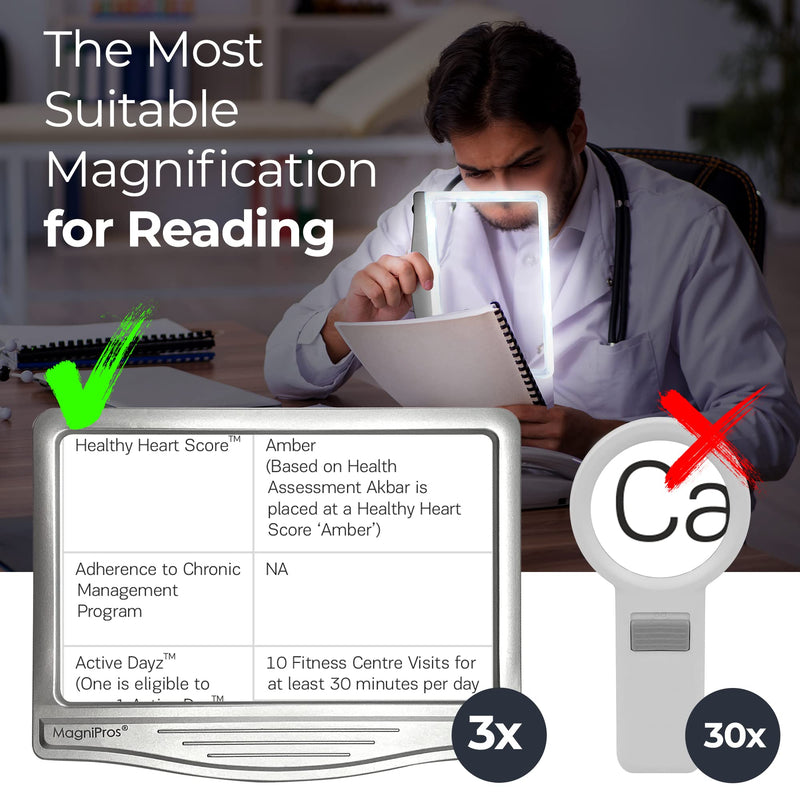 MagniPros 3X Large Ultra Bright LED Page Magnifier with 12 Anti-Glare Dimmable LEDs (Provide More Evenly Lit Viewing Area & Relieve Eye Strain)-Ideal for Reading Small Prints & Low Vision & Aging Eyes Silver - NewNest Australia