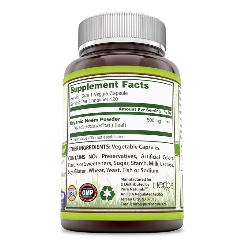 Pure Naturals Neem 500 Mg, 120 Veggie Capsules, Supports Digestive Functions, Promotes Detoxification of Blood, Supports Skin Health 120 Count (Pack of 1) - NewNest Australia