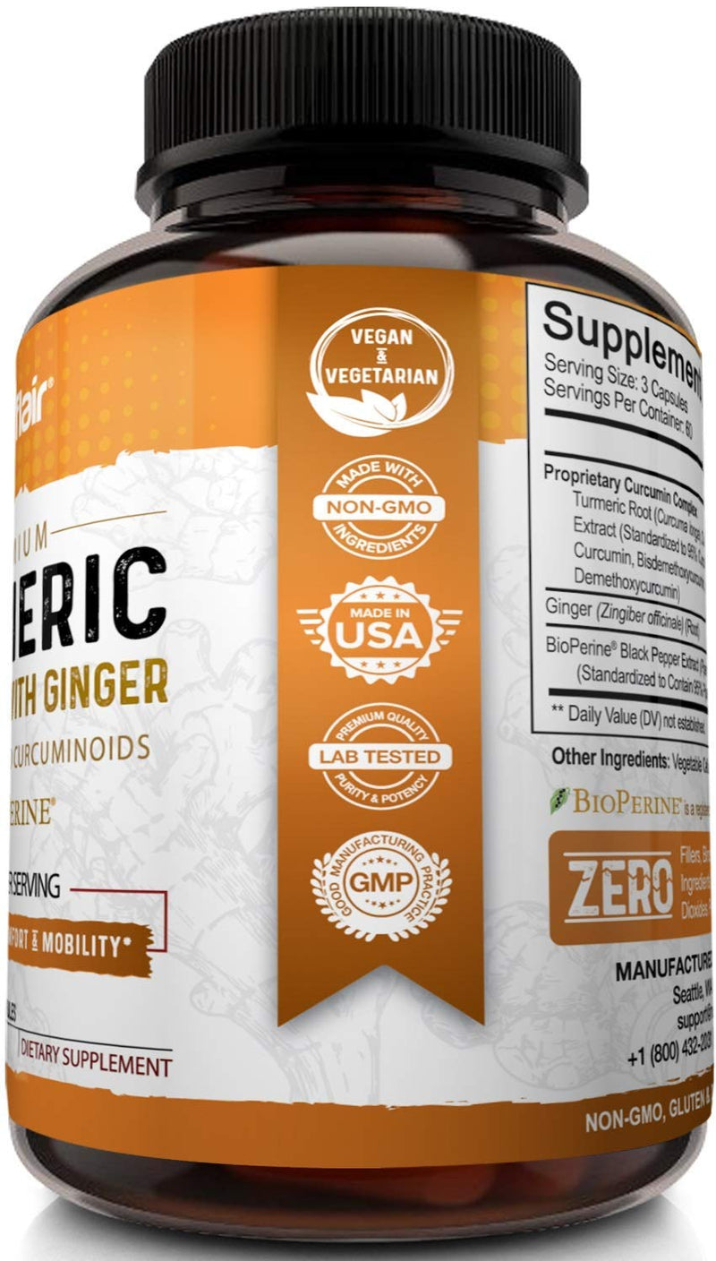 Turmeric Curcumin with Ginger & BioPerine Black Pepper Supplement :: Anti-Inflammatory, Antioxidant, Anti Aging :: 100% Natural, Non-GMO, Vegan Best Maximum Potency, No Side Effects (180 Capsules) - NewNest Australia