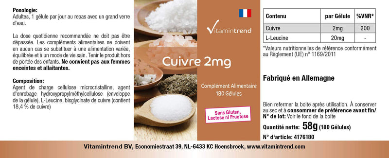 Copper capsules - 2mg - high dosage - vegan - 180 capsules - for hair pigmentation | Vitamintrend® - NewNest Australia