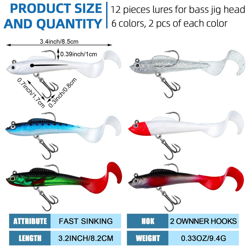 12 Pieces Fishing Lures Soft Plastic Lures for Bass Jig Head Soft Swimbait Lifelike Plastic Baits Tackle Kit for Saltwater and Freshwater, Multi Color - NewNest Australia