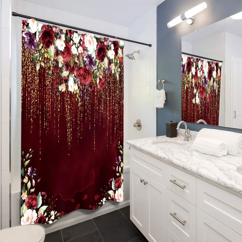 LIGHTINHOME Red Floral Shower Curtain Burgundy Flower Rose Golden Glitter Wedding Bridal Elegant Fabric Waterproof Bathroom Home Decor Set 72x72 Inch 12 Plastic Hooks 72Wx72H - NewNest Australia