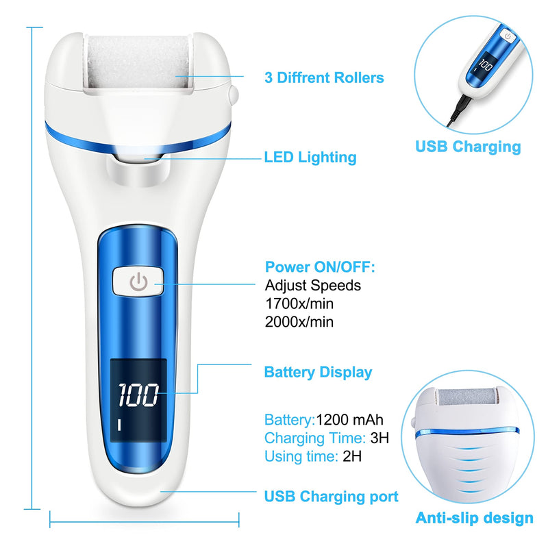 Hard Skin Remover Foot File Electric, Ratukall Rechargeable Dry Skin Remover for Feet, Professional Pedicure Tools Foot Scrubber Care Kit with Storage Bag for Dead Skin Cracked Corn Heels Calluses Blue - NewNest Australia