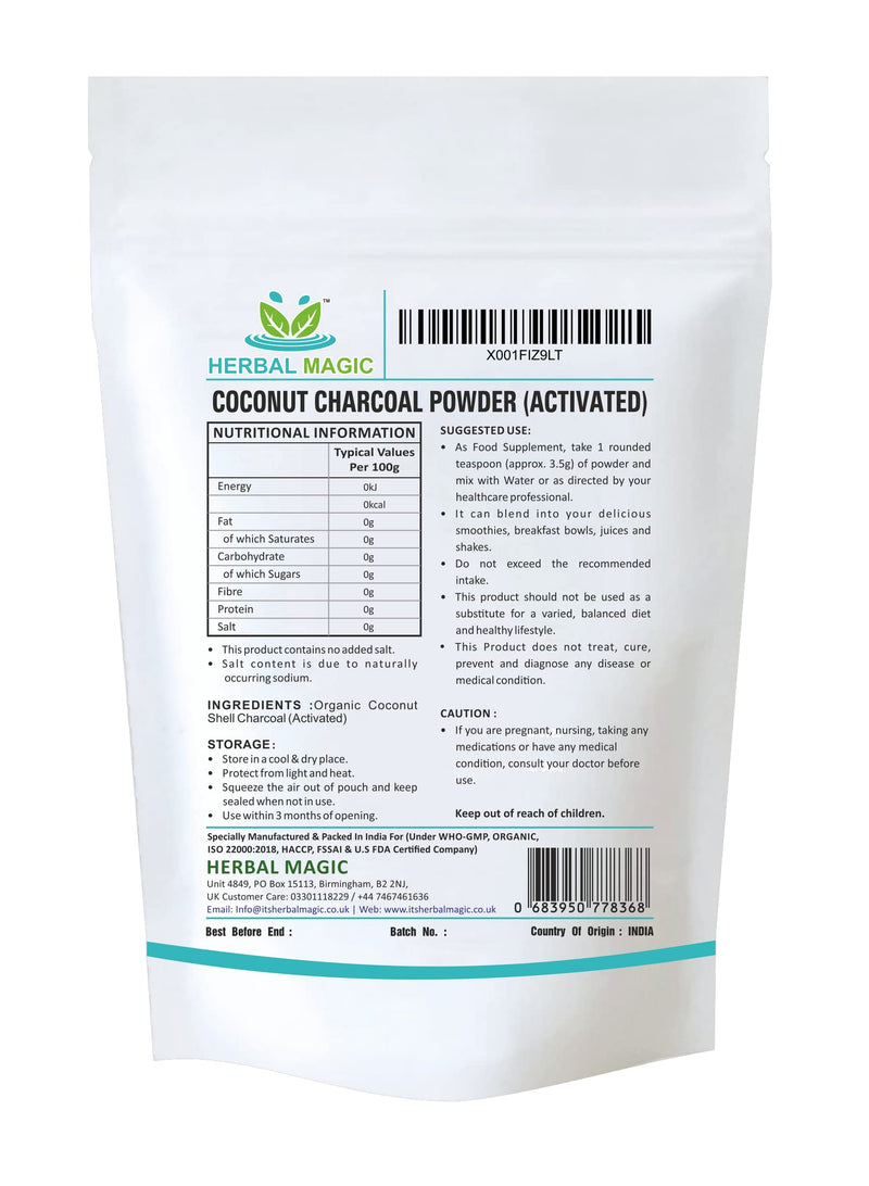 Herbal Magic Pure Coconut Charcoal Powder Food Grade Quality - Excellent Detoxifying and Cleansing Properties - Teeth Whitening, Acne Removal Natural Charcoal (100G, Charcoal Powder) 100 g (Pack of 1) - NewNest Australia