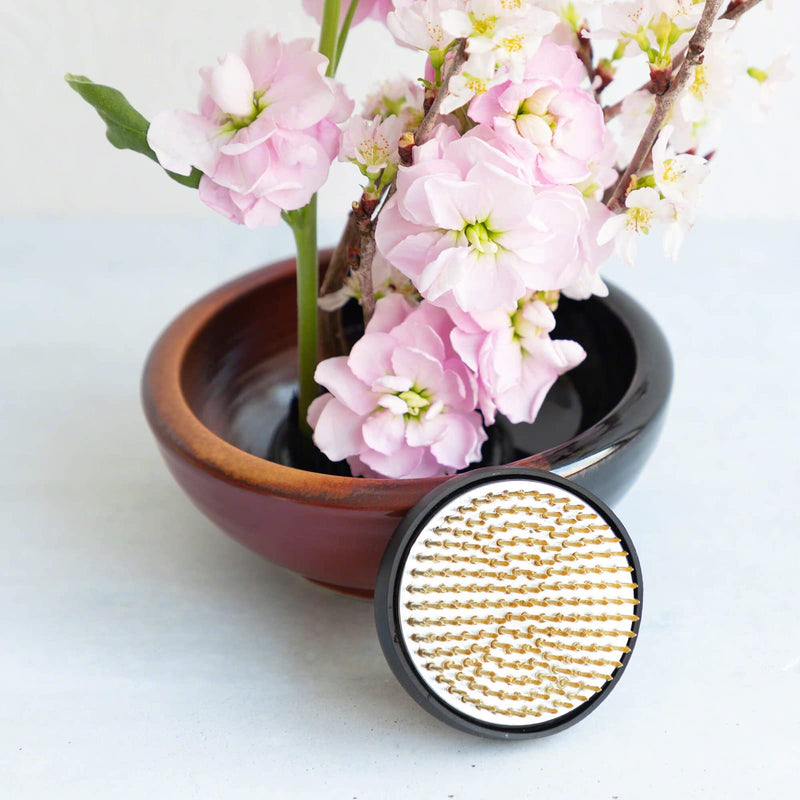 Wazakura Minoyaki Series Japanese Ikebana Essential Tool Kit with Small Round Ceramic Flower Vase and Kenzan Pin Frog for Floral Arranging - Black & Red Kenzan + 2in (61mm) Brass Kenzan - NewNest Australia