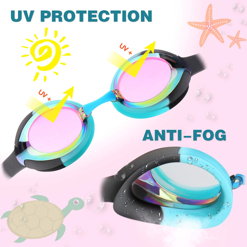 Keary 2 Pack Kids Swim Goggles for Toddler Kids Youth(3-9),Anti-Fog Waterproof Anti-UV Clear Vision Water Pool Goggles Mirrored Black & Pink(2 Pack) - NewNest Australia