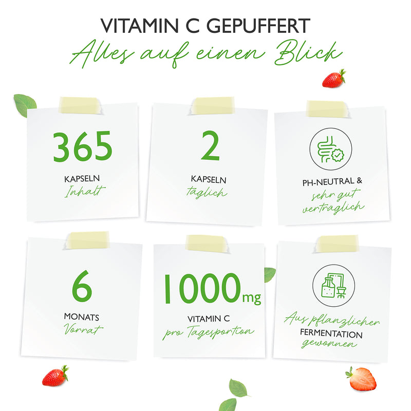 Buffered vitamin C - 365 capsules - Highly dosed with 1000 mg of vitamin C per daily dose - From plant-based fermentation - pH-neutral & very well tolerated - Laboratory tested - Vegan - NewNest Australia
