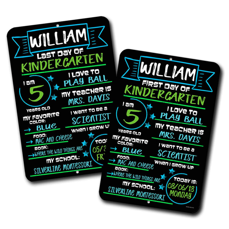 NewNest Australia - First and Last Day of School ( Set of 2 ) Blue and Green Chalkboard Style Photo Prop Tin Signs 12 x 18 inch - Reusable Easy Clean Back to School, Customizable with Liquid Chalk Markers (Not Included) 