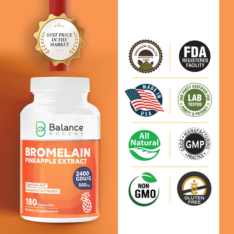 Balance Breens Bromelain 500mg 2400 GDU/G Pineapple Extract Supplement - 180 Non-GMO Capsules - Supports Gut Health, Digestive Support & Comfort - NewNest Australia