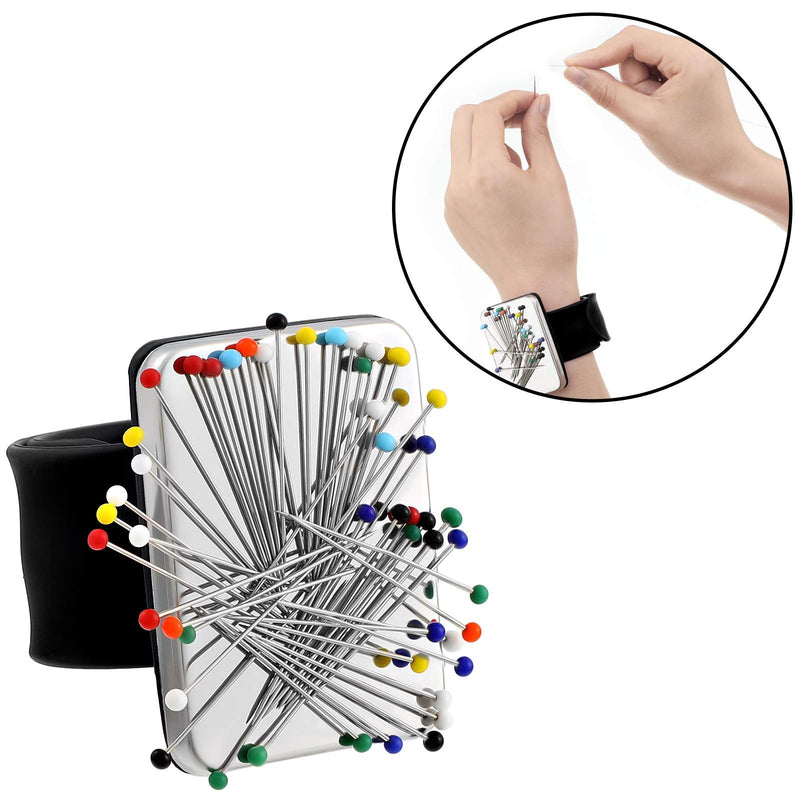 Magnetic Wrist Sewing Pincushion with 100 Pieces Sewing Pins Set Wrist Pin Cushion Magnetic Wrist Pin Holder Wristband Wrist 1.5 Inch Ball Head Straight Pins for Hand Sewing Supplies (Black) Black - NewNest Australia