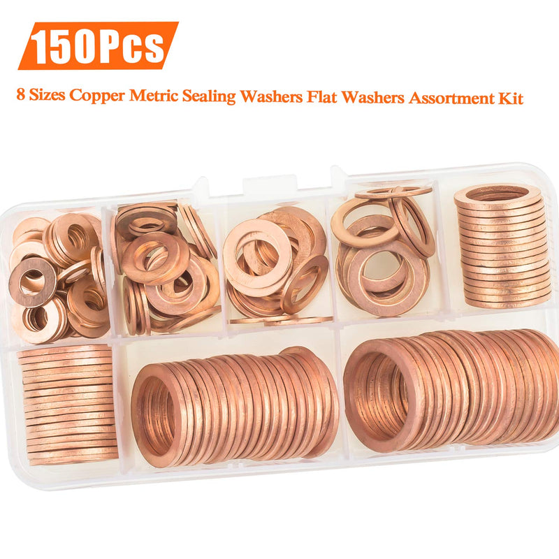 HELIFOUNER Copper Washers, 150PCS 8 Sizes Copper Metric Sealing Washers Flat Washers Assortment Kit - NewNest Australia
