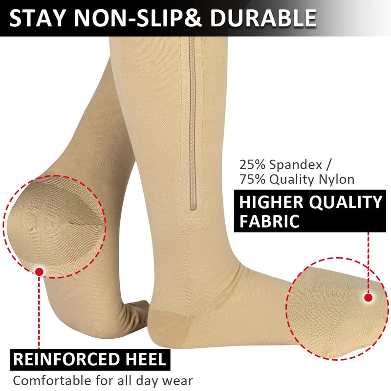 Ailaka Zipper Compression Socks Medical, 15-20 mmHg Knee High Compression Socks for Men Women, Close Toe Support Socks for Varicose Veins, Edema, Recovery, Pregnant, Nurse X-Large (1 Pair) Beige - NewNest Australia