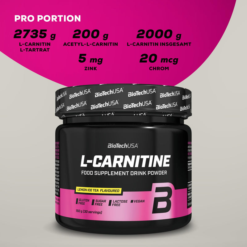 BioTechUSA L-Carnitine Drink Powder | 2,000mg/serving | Vegan, gluten-free, sugar-free | with L-carnitine-L-tartrate, acetyl-L-carnitine, minerals, 150 g, ice tea lemon - NewNest Australia