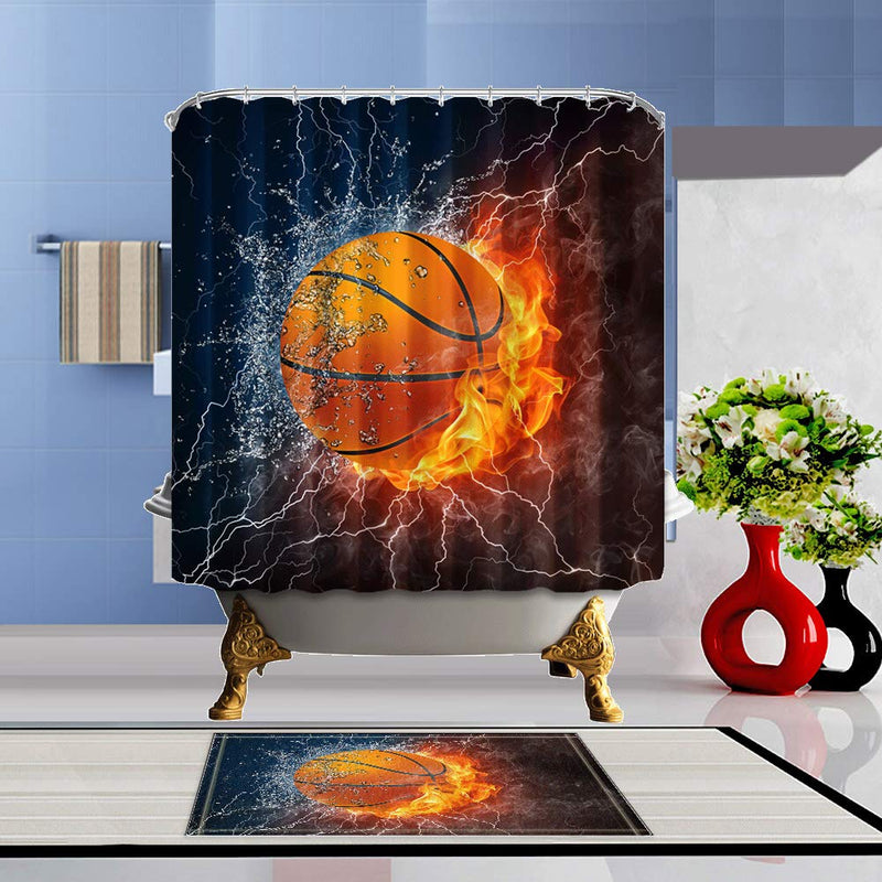 Shocur Sports Shower Curtain Set, Basketball on Fire and Water Flame Splashing Thunder Lightning Image, Boy Bathroom Decor Polyester Fabric 69 x 70 Inches with Hooks and Anti-Slip 60 x 40 Bath Rug - NewNest Australia