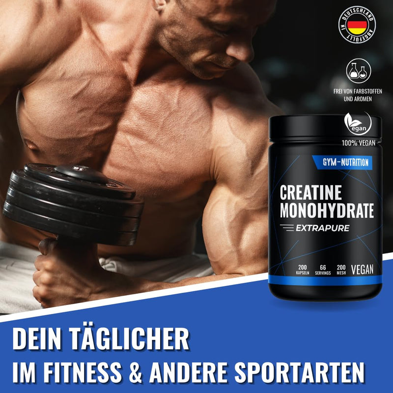 CREATINE (CREATINE) CAPSULES Caps - 200 Creatine GIGA CAPS high dosage I 100% Pure Creatine Monohydrate - Mesh 200- Vegan Bottled in Germany - NewNest Australia