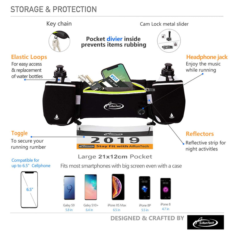 AiRunTech Running Belt with Water Bottles No Bounce Hydration Belts Can be Cut to Size Design Strap for Runners 2*6 OZ bottles Black - NewNest Australia