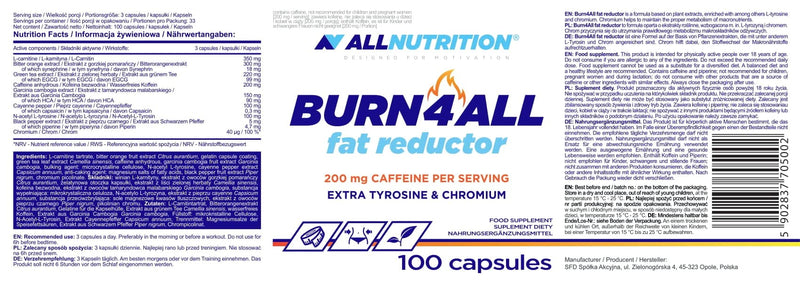 Allnutrition Burn4All Fat Reductor L-Carnitine Very Effective Body Fat Loss Provides Energy Suppresses Appetite Dietary Supplement No Additives 100 Capsules 33 Servings - NewNest Australia