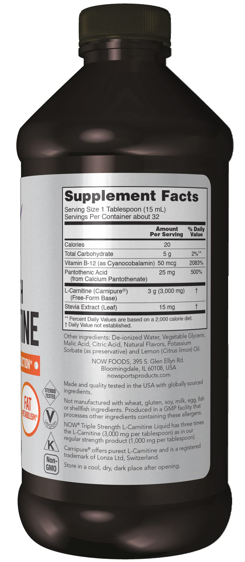 NOW Sports Nutrition, L-Carnitine Liquid, Triple Strength 3000 mg, Citrus, 16-Ounce - NewNest Australia