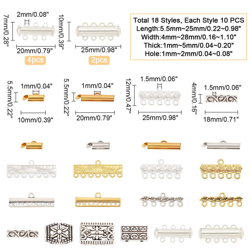 PH PandaHall 18 Styles Layering Clasp, 166pcs Slide Lock Clasps Multi Strand Necklace Slide On End Clasp Tubes Tibetan Charm Connector Links Jewelry Clasps for Layered Bracelet Necklace Crafts - NewNest Australia