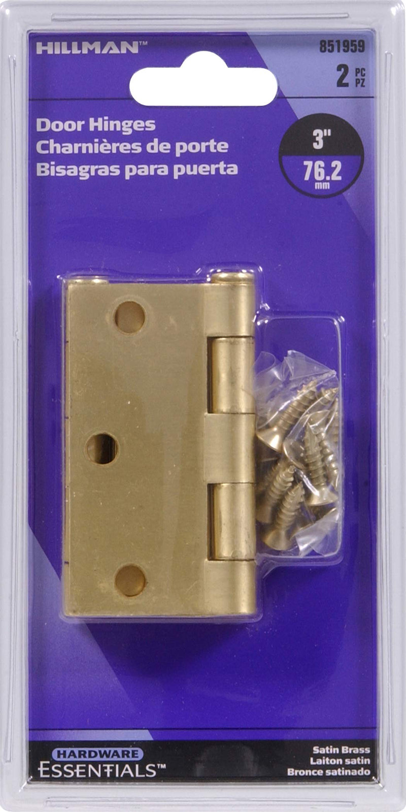 Hillman Hardware Essentials 851959 Residential Square Corner Door Hinges with Removable Pin Satin Brass 3" - 2 Pack - NewNest Australia