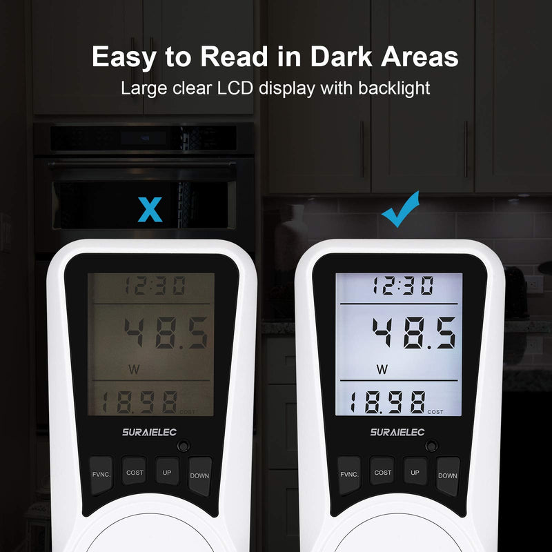 Suraielec Watt Meter, Plug-in Socket Power Meter, Auto Cost Calculator, Backlit Large Display, Overload Protection, Kilowatt Wattage Voltage AMP Tester, Electricity Usage Electrical Energy Monitor - NewNest Australia