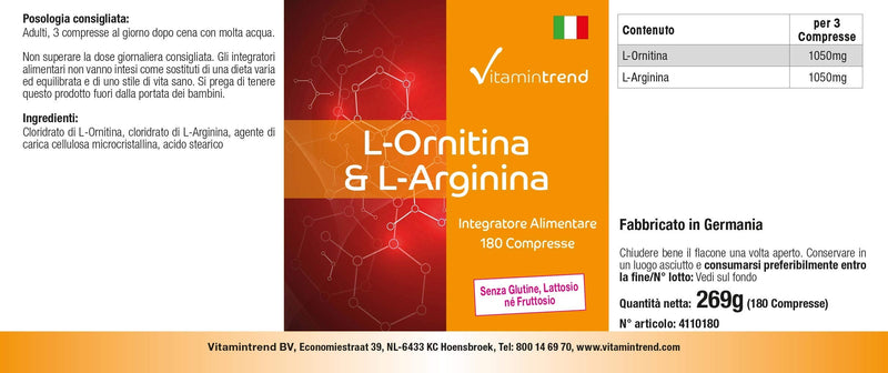 L-Ornithine & L-Arginine - 180 tablets - 2100 mg amino acids per daily dose - vegan - high dosage | Vitamintrend® - NewNest Australia