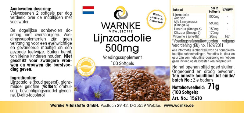 Flaxseed Oil Capsules - Vegetable Omega 3-6-9 Capsules - High Dose - Flaxseed Oil 500mg - 100 Softgels | Warnke vital substances - NewNest Australia
