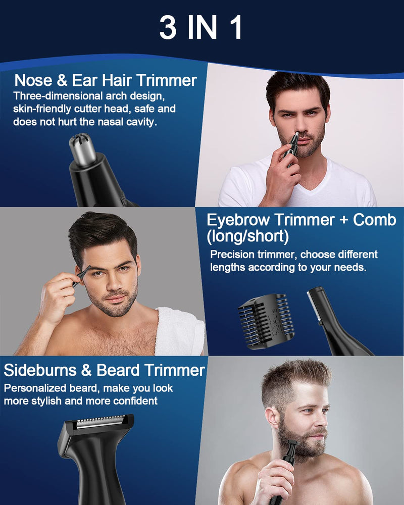 Nose Hair Trimmer, USB Rechargeable Nose Hair Trimmer 3 in 1 Set Ear Hair Trimmer with Double Cutting Blades, Professional Painless Eyebrow and Eye Hair Trimmer for Men and Women Black - NewNest Australia