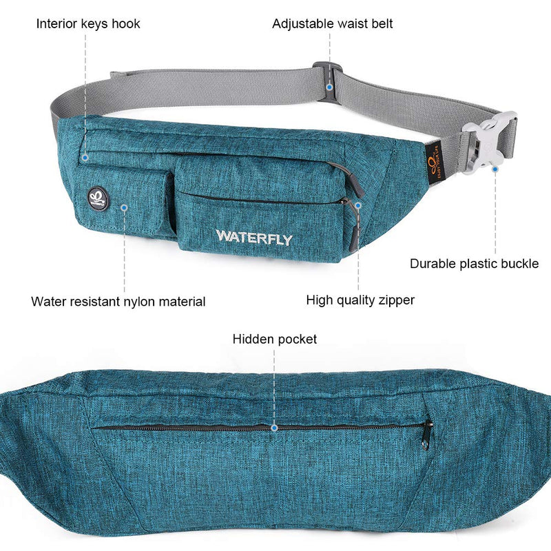 WATERFLY Fanny Pack for Women Men Water Resistant Small Waist Pouch Slim Belt Bag with 4 Pockets for Running Travelling Hiking Walking Lightweight Crossbody Chest Bag Fit All Phones Teal blue - NewNest Australia