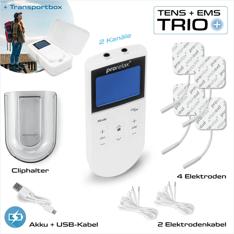 Prorelax Tens/Ems Trio+ | Battery-Operated Electrostimulation Device | 3 Therapies - Tens, Ems, Fitness | For Relaxation, Muscle Building, Pain Relief | 50 Programs | 16 Intensity Levels Trio+ - NewNest Australia