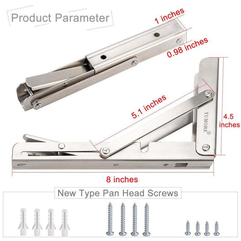 YUMORE Folding Shelf Brackets 8", Max Load: 300lb Heavy Duty Stainless Steel Collapsible Shelf Bracket for Table Work Bench, Space Saving DIY Bracket, Pack of 2 8 Inch Silver - NewNest Australia