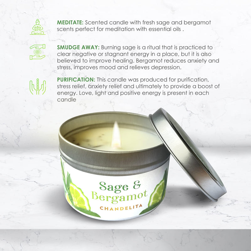 Chandelita Scented Candle Aroma Candle With Essential Oils Natural Pure From Sage And Bergamot - Sage Leaves, With Soy Wax For Cleaning And Meditation - Chakra Candle - Aromatherapy Candle - NewNest Australia