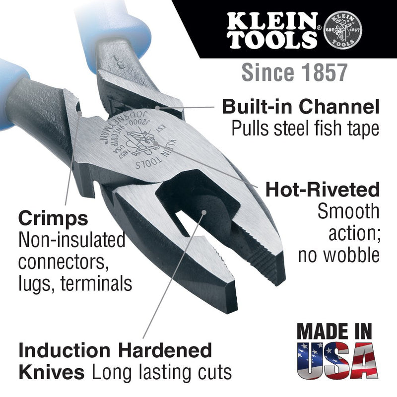 Klein Tools J2000-9NECRTP Side Cutter Linemans Pliers with Tape Pulling and Wire Crimping, High Leverage, 9-Inch Standard - NewNest Australia