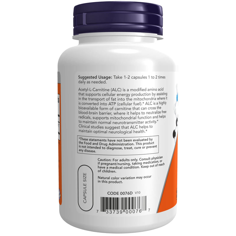 NOW Supplements, Acetyl-L Carnitine 500 mg, Amino Acid, Brain And Nerve Cell Function*, 100 Veg Capsules - NewNest Australia
