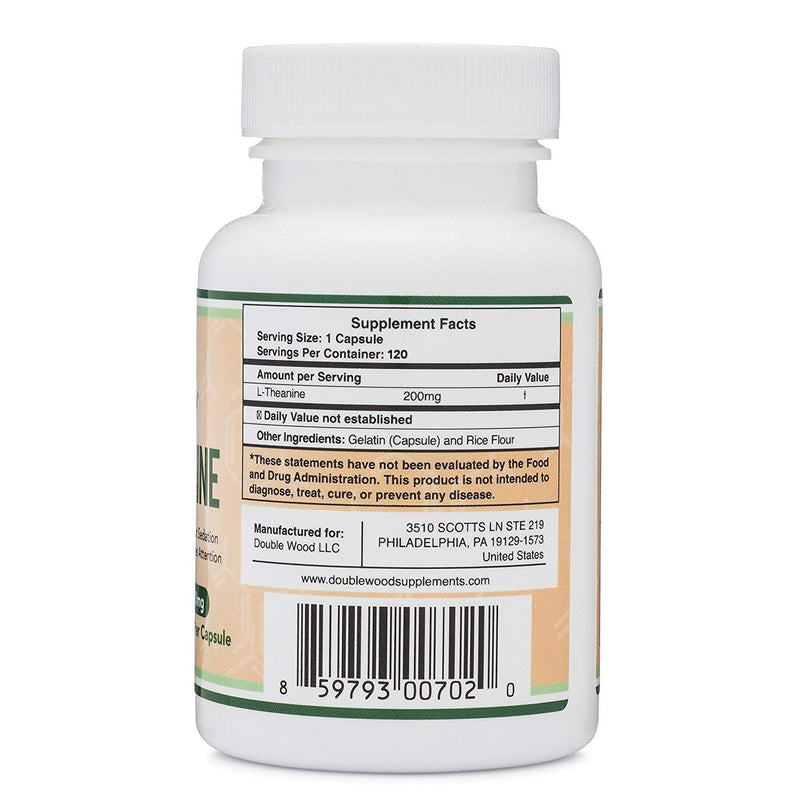 L-Theanine 200mg, 120 Capsules — Relaxation and Sleep Support — Soy Free, Gluten Free, Non-GMO —Third Party Tested and Manufactured in The USA by Double Wood Supplements - NewNest Australia