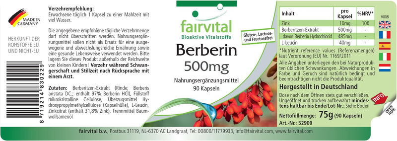 Fairvital | Berberine 500mg - HIGH DOSE - Berberine HCl + Zinc - Berberis aristata - VEGAN - 90 capsules - NewNest Australia