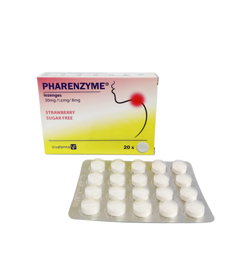 PHARENZYME, Strawberry Sugar Free - 20 lozenges - Sore Throat Relief - Enzyme-Active Tablets - Relieves Sore Throat - Clears runny Nose - Anti-inflammatory and Pain-Relieving Effect - NewNest Australia