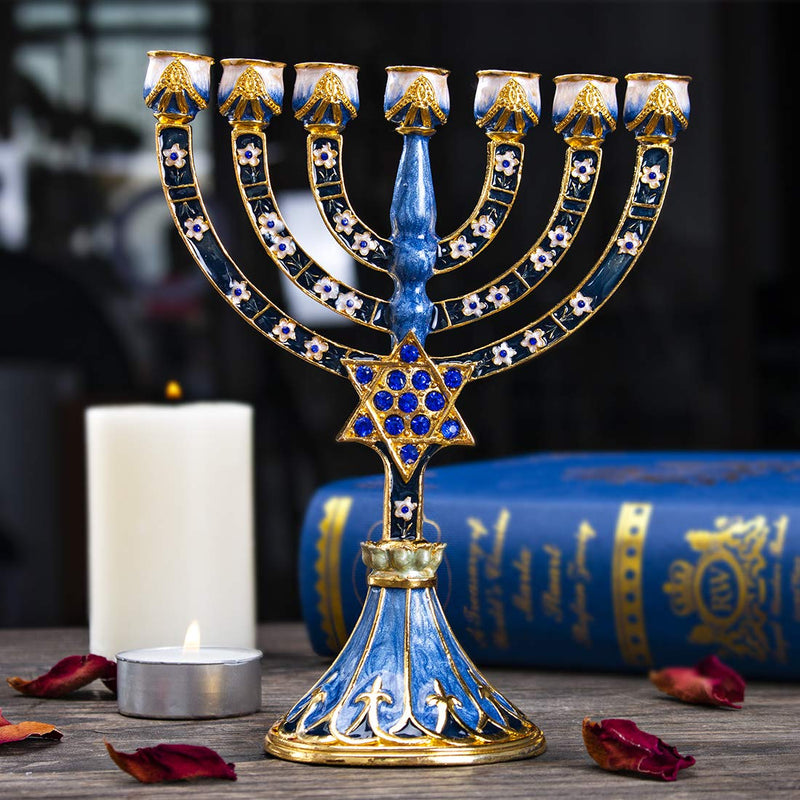 NewNest Australia - YU FENG 7 Branch Hanukkah Menorah Candle Holder Crystal Rhinestones Bejeweled Star of David Motif Hand-Painted Enamel Candlesticks 