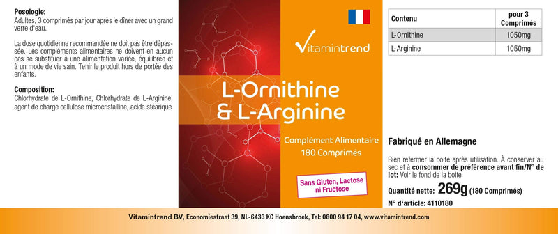 L-Ornithine & L-Arginine - 180 tablets - 2100 mg amino acids per daily dose - vegan - high dosage | Vitamintrend® - NewNest Australia