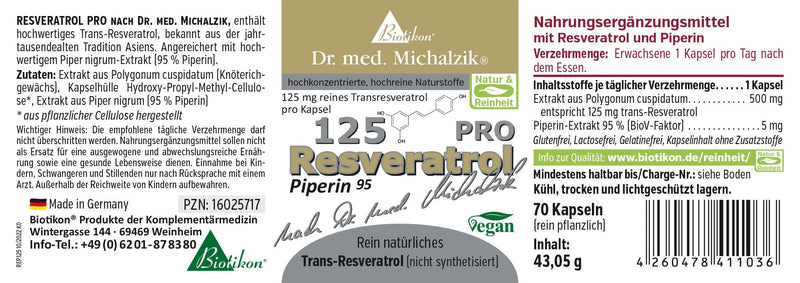 Resveratrol Sirtuin 125 PRO Dr. med. Michalzik - Trans-Resveratrol Japanese knotweed root extract - mg purity level 98% piperine 5 mg - without additives - from BIOTIKON® - NewNest Australia