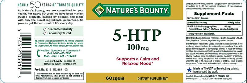 Nature's Bounty 5-HTP Pills and Dietary Supplement, Supports a Calm and Relaxed Mood, 100mg, 60 Capsules - NewNest Australia